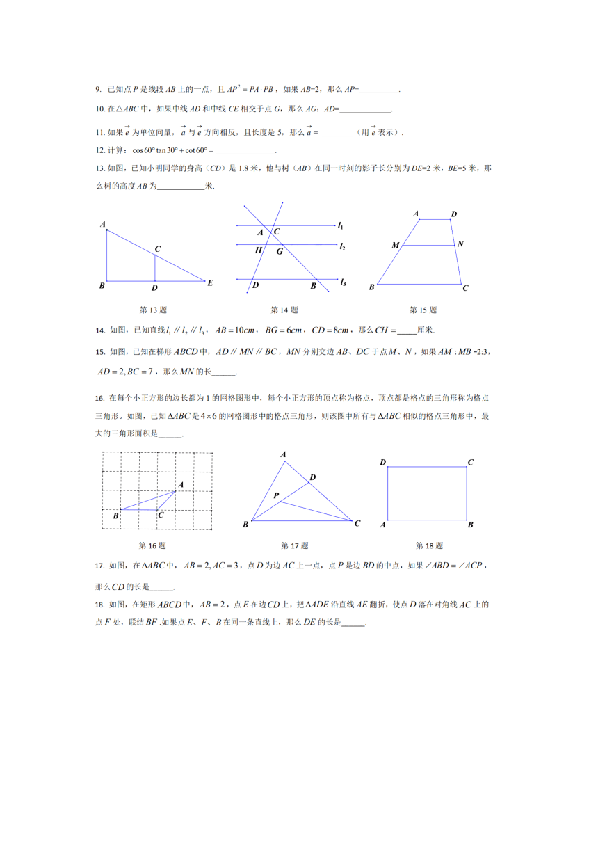 上海市杨浦区2020-2021学年度第一学期（沪教版 上海）九年级期中质量调研数学试卷  PDF版含答案