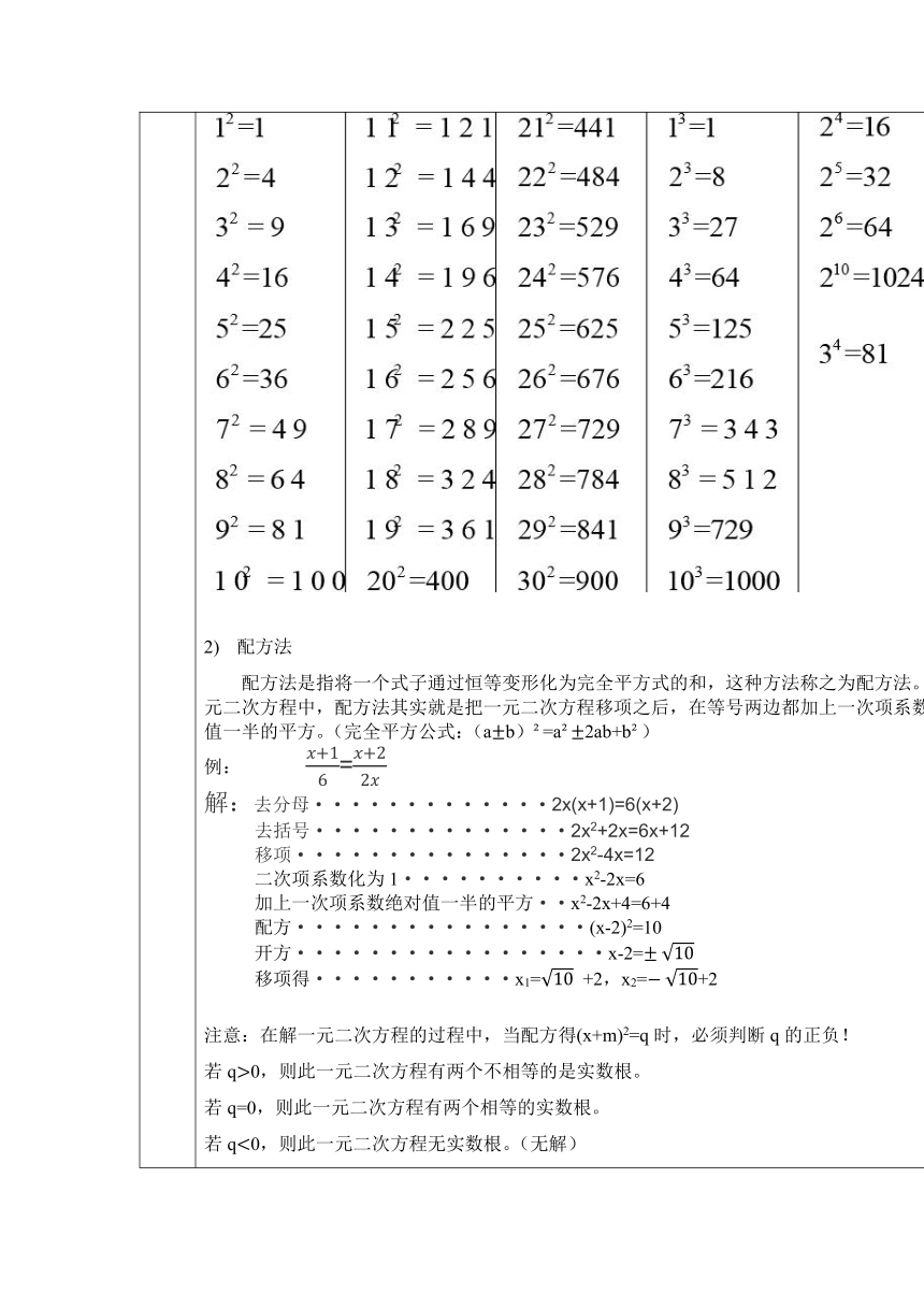 人教版九年级数学上册21.2解元二次方程教案（表格式）