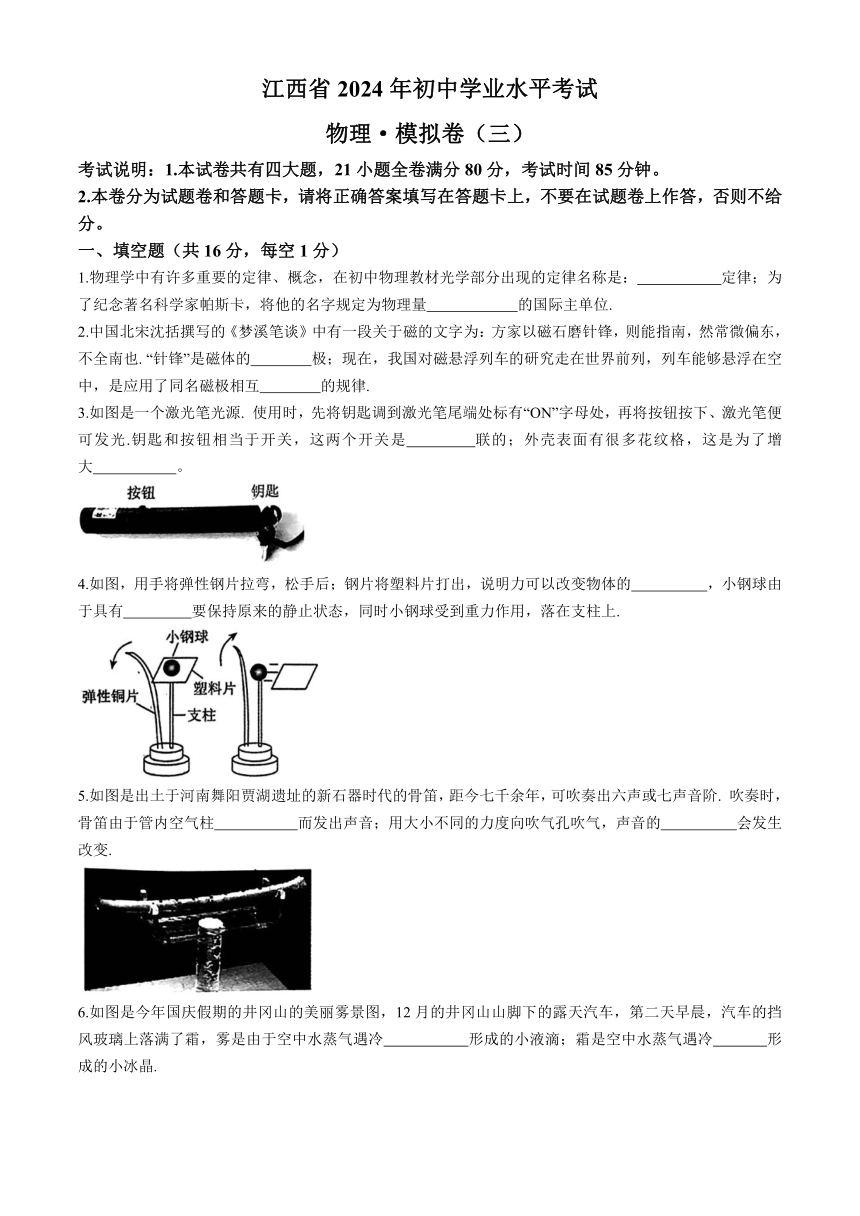 2024年江西省萍乡市部分学校中考三模考试物理试题(无答案)
