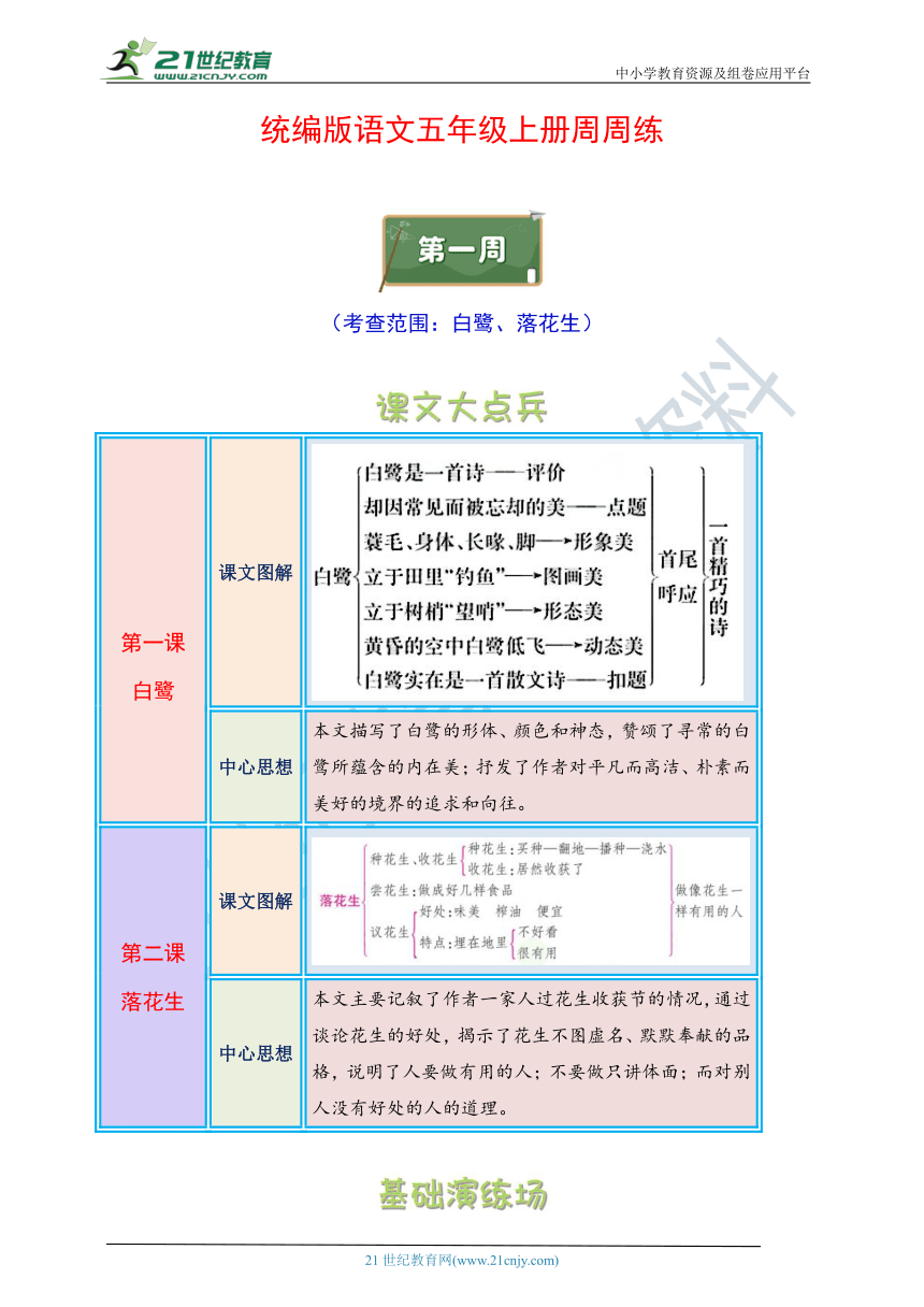 统编版语文五年级上册周周练 第1周（白鹭、落花生）（含答案）