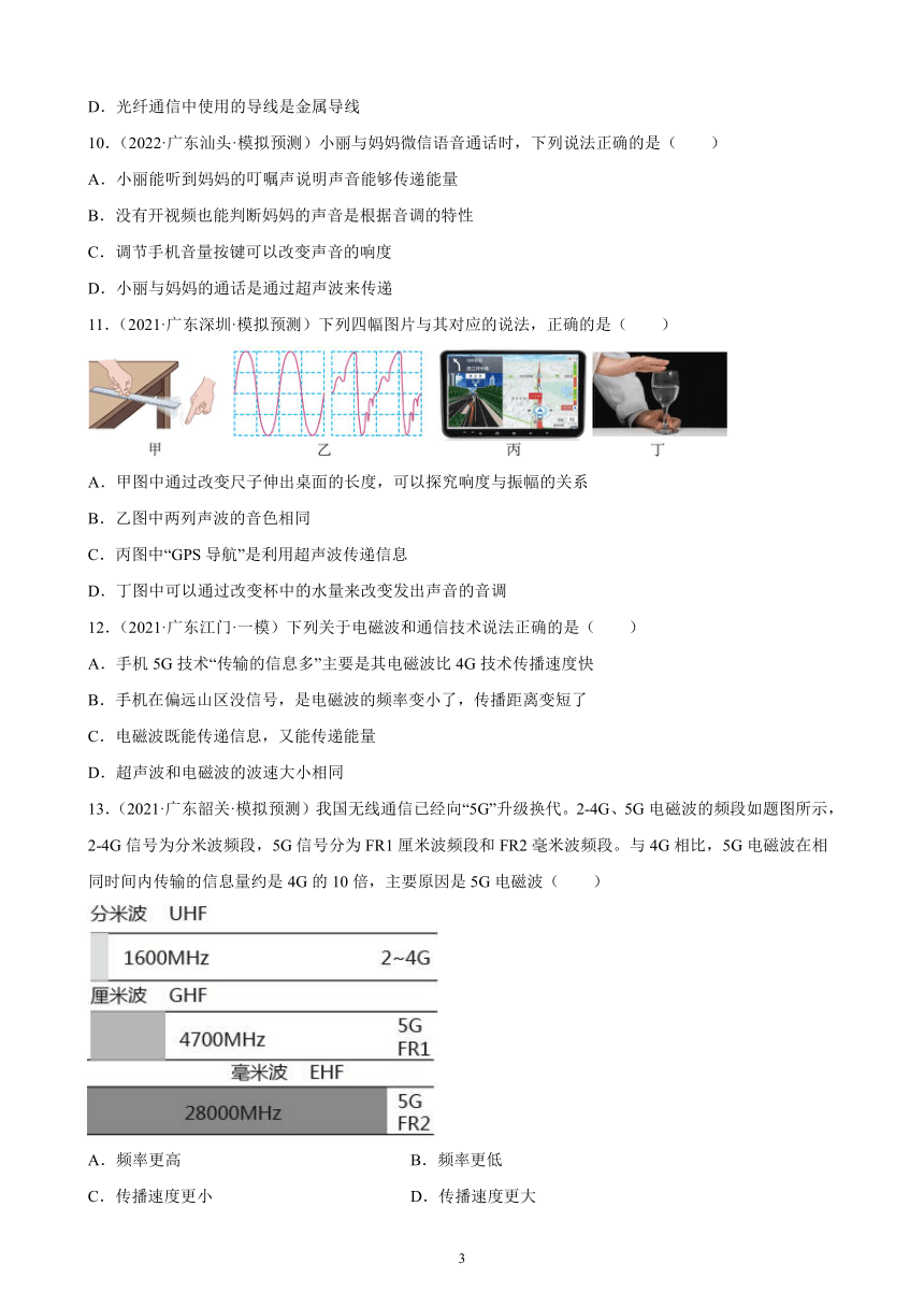 广东地区2021、2022两年物理中考真题、模拟题分类选编—信息的传递 练习题（含答案）