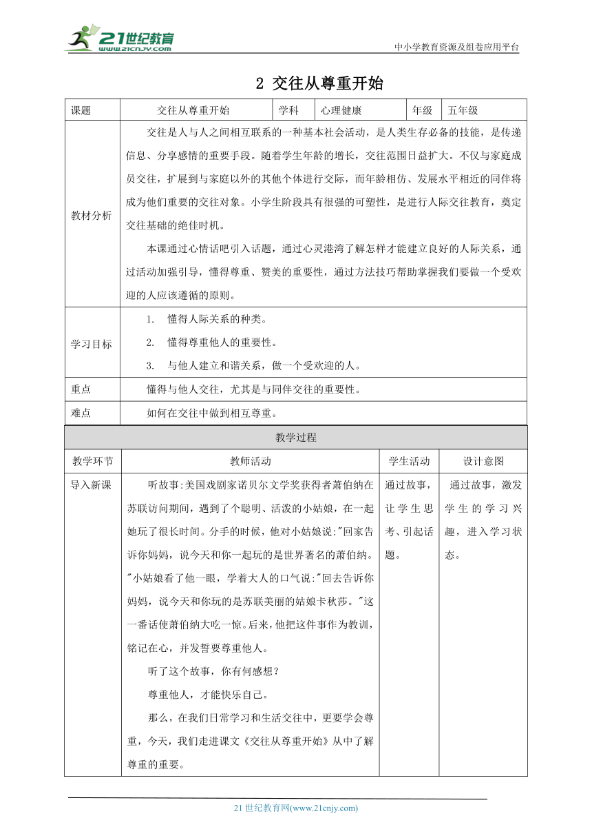 北师大版五年级上《心理健康》第2课《交往从尊重开始》教案