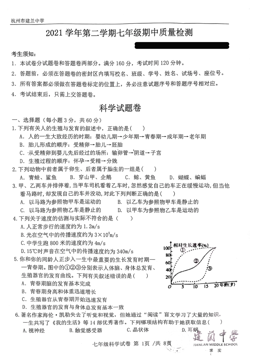 浙江省杭州市建兰中学2021学年第二学期七年级期中质量检测 科学试卷（PDF版 无答案 1.1-3.1）