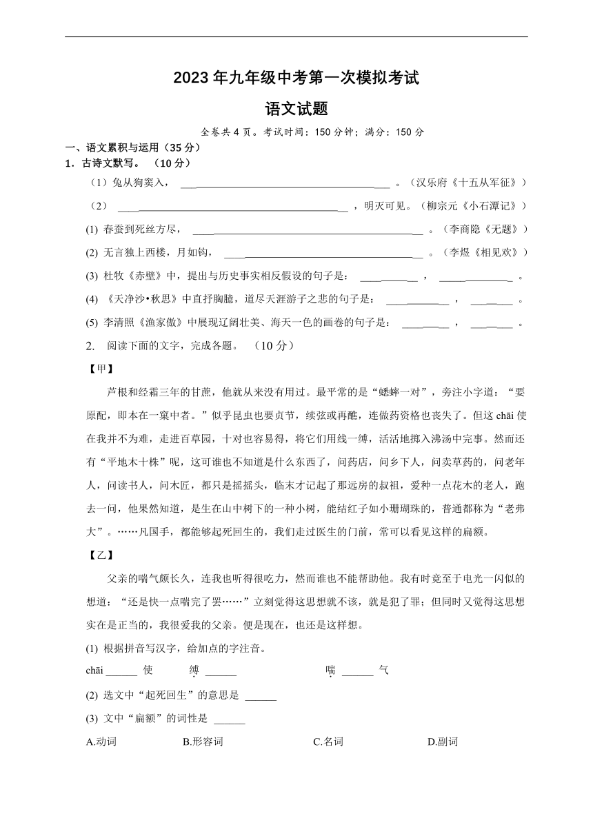 2023年安徽省滁州市定远县严桥乡兴隆中学中考一模语文试题(含答案)
