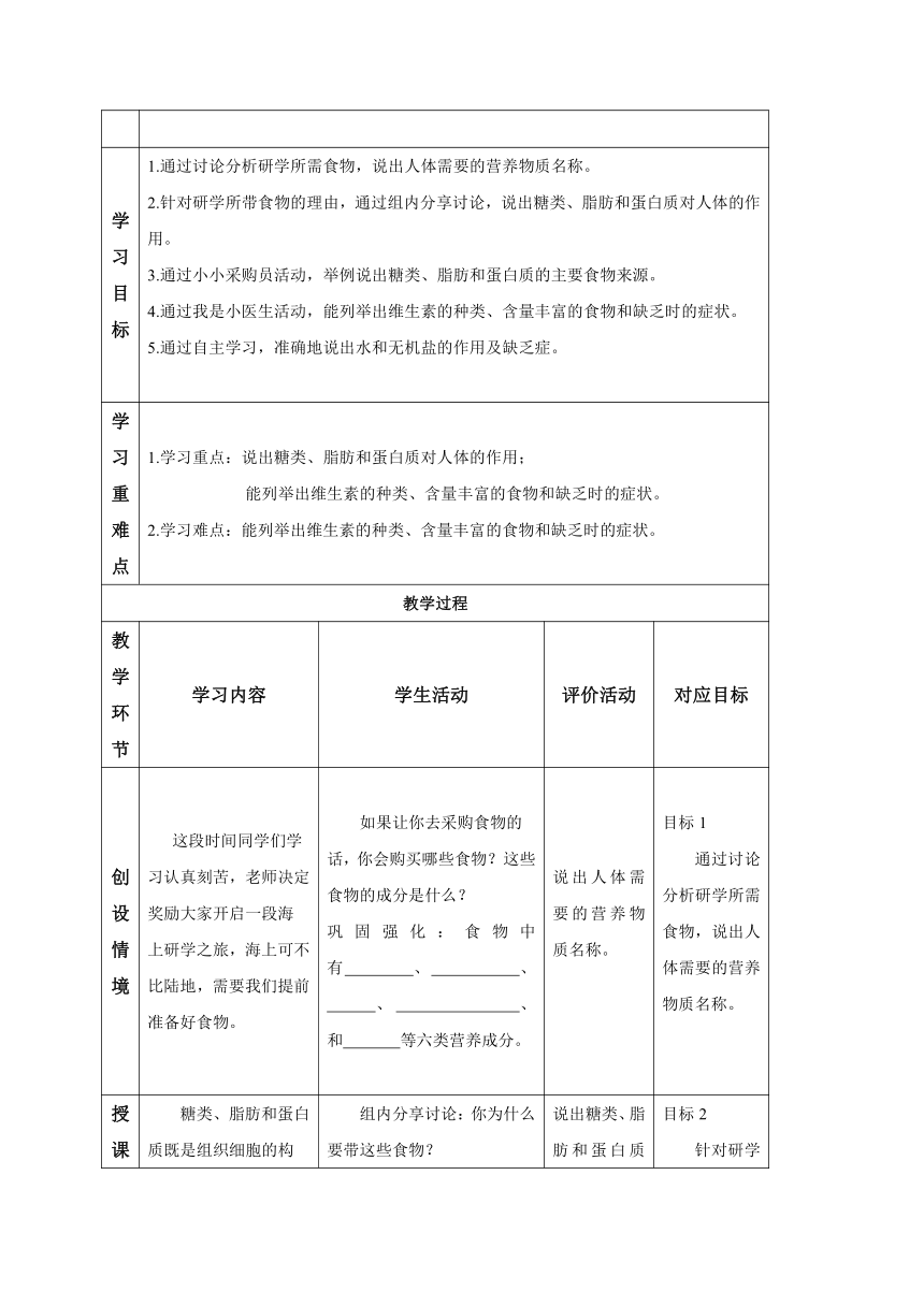 2020-2021学年济南版七年级生物下册 3.1.1食物的营养成分 教学设计 表格式