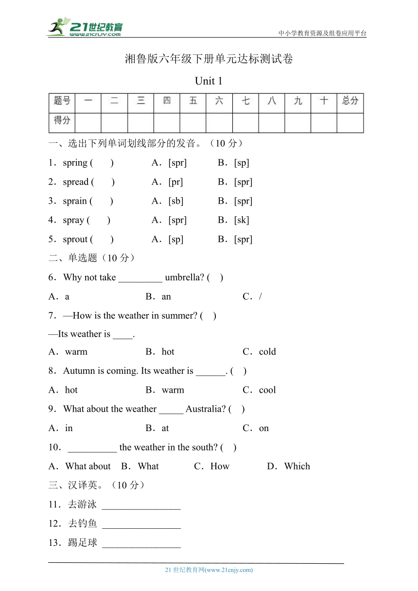 湘鲁版六年级英语下册Unit1达标测试A卷（有答案）