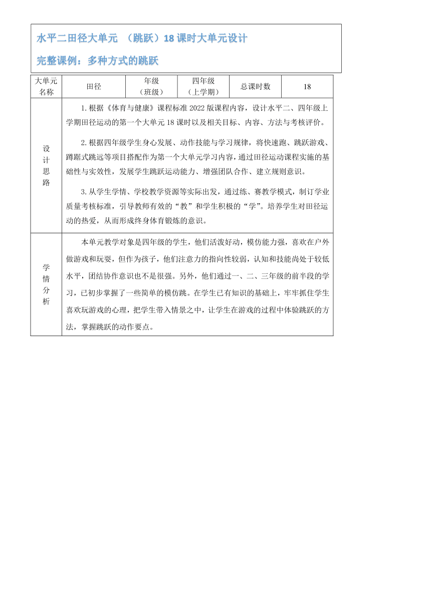 各种方式的单双脚原地跳跃和行进间向前跳跃 教案（表格式）体育四年级下册