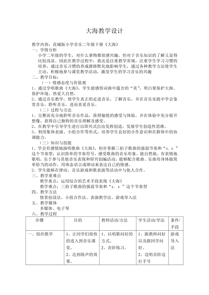 花城版  二年级下册音乐教案第9课 歌曲《大海》（表格式）