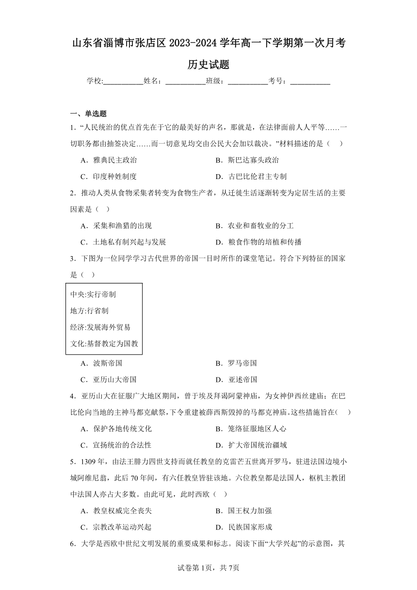 山东省淄博市张店区2023-2024学年高一下学期第一次月考历史试题（含解析）