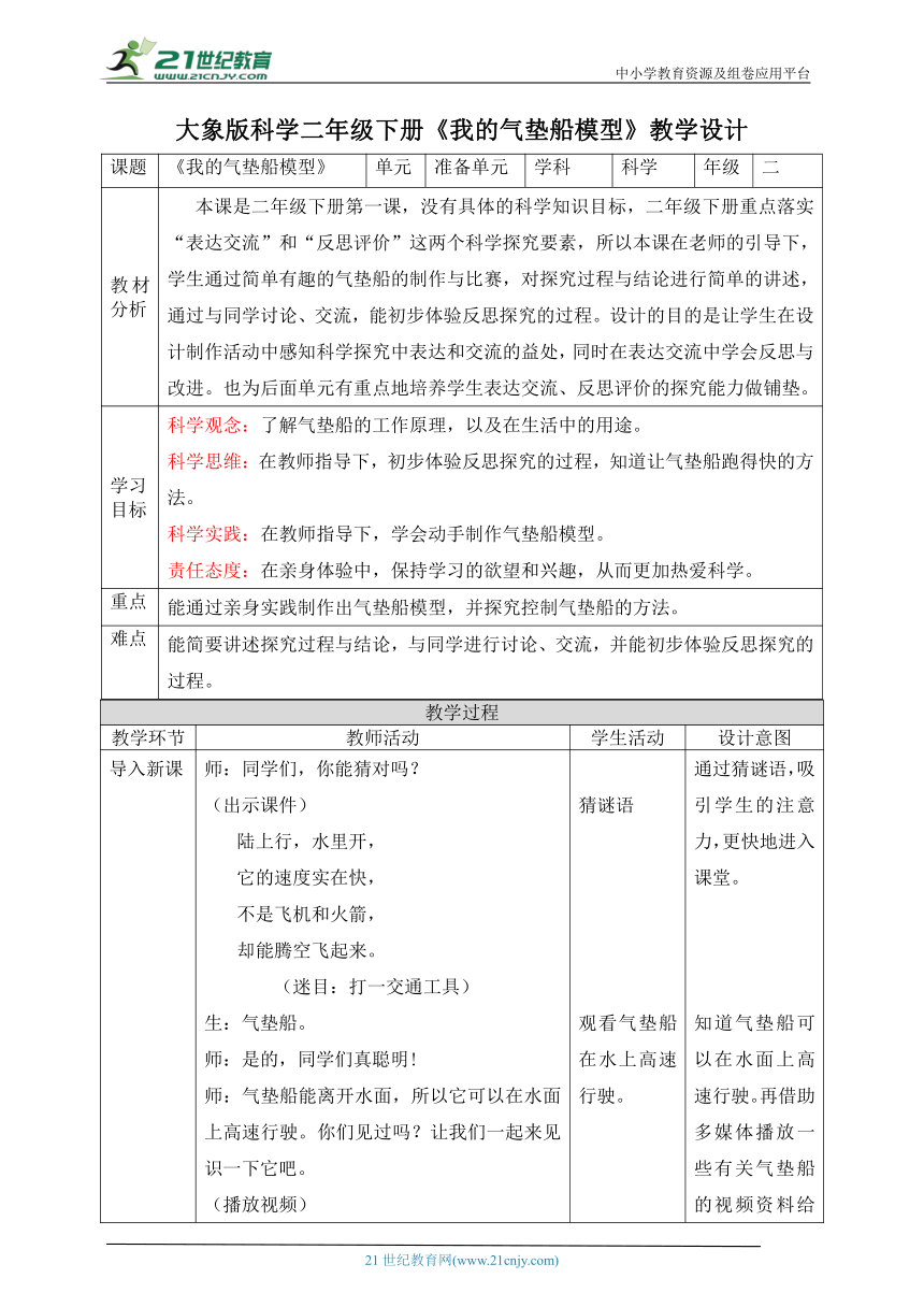 【核心素养目标】准备单元《我的气垫船模型》教案