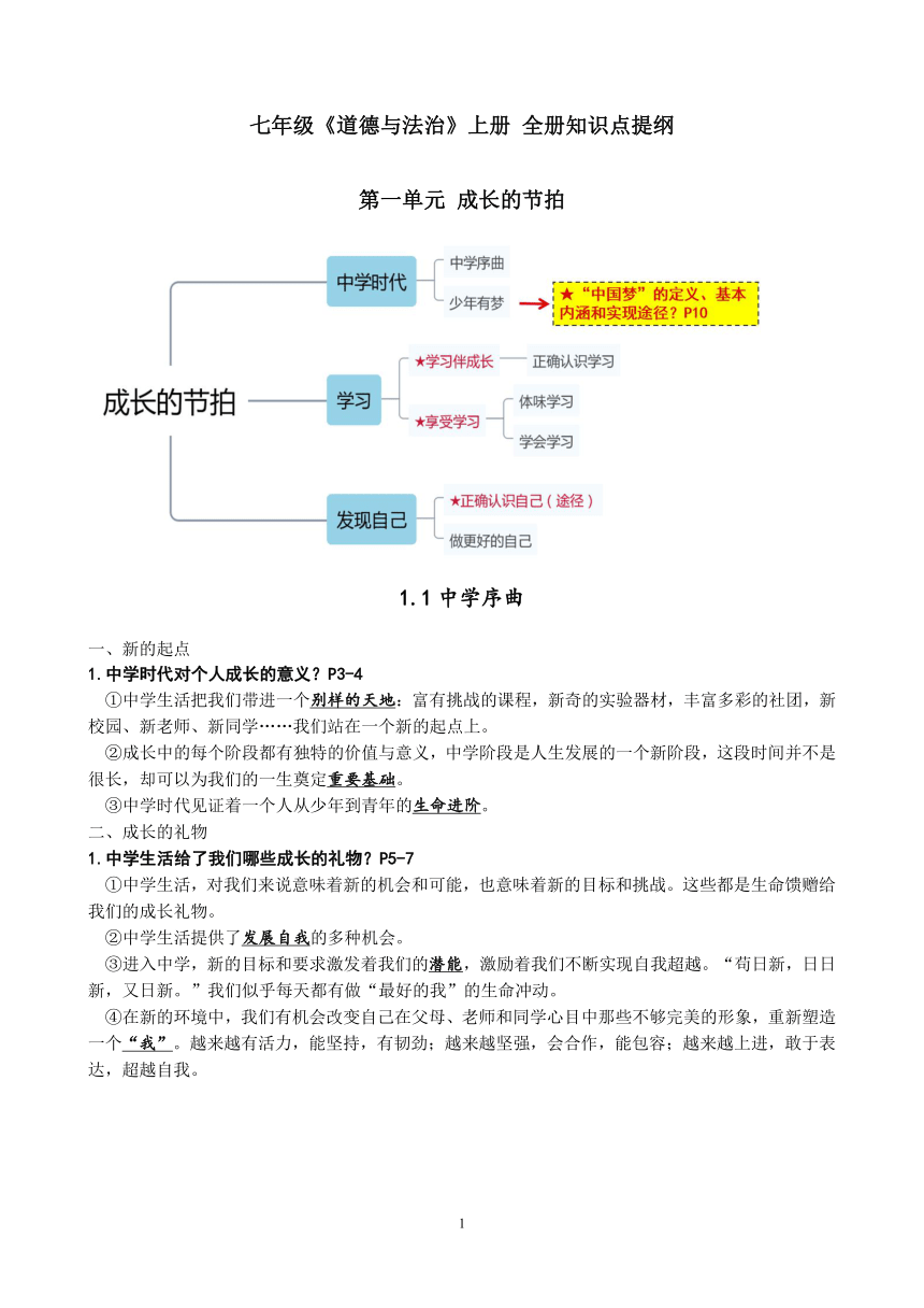 统编版七年级上道德与法治全册知识点提纲（单元结构+知识点）