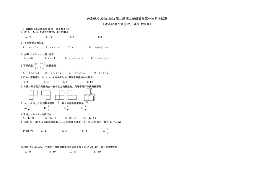 海南省海口市金盘学校2022-2023学年九年级下学期数学第一次月考试题（含答案）