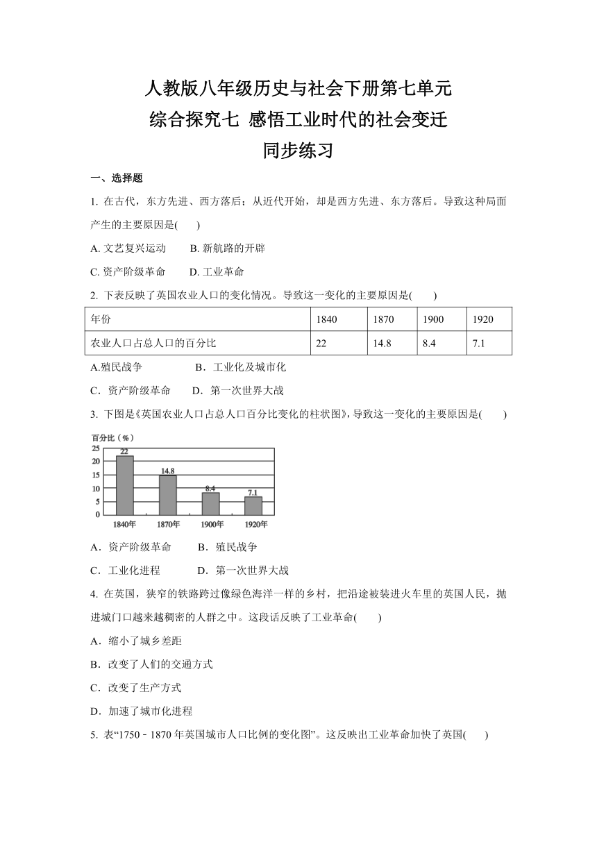 2020-2021学年人教版八年级 历史与社会下册  综合探究七 感悟工业时代的社会变迁  同步练习(含答案)