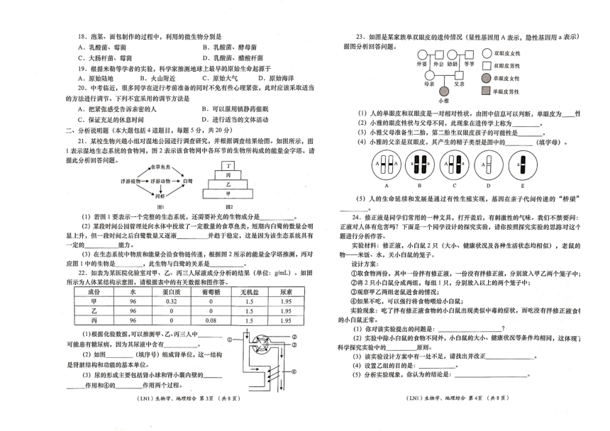 甘肃省陇南市康县阳坝镇初级中学2023-2024学年下学期九年级中考模拟生物、地理试卷（图片版 无答案）