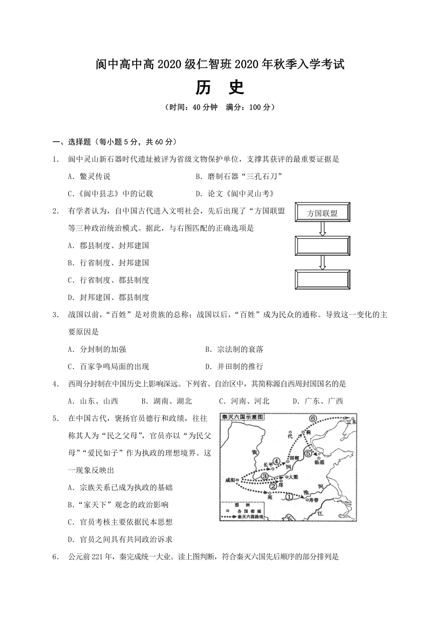 四川省阆中高中仁智班2020-2021学年高一上学期开学考试历史试题 Word版含答案