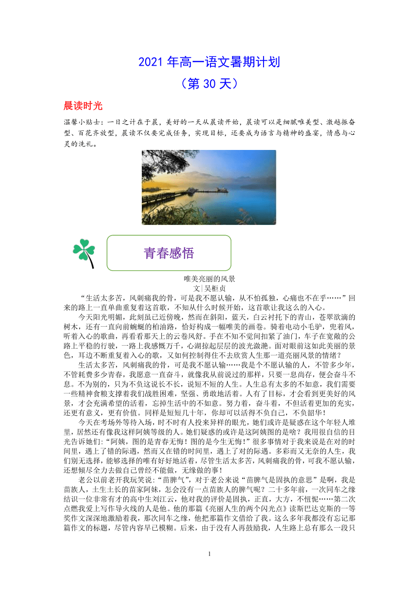 2021年高一语文暑期计划（第30天）学案含答案