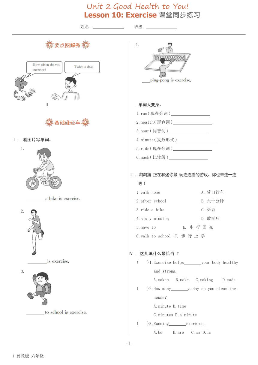 Unit 2 Good health to you! Lesson 10 Exercise同步练习（含答案）