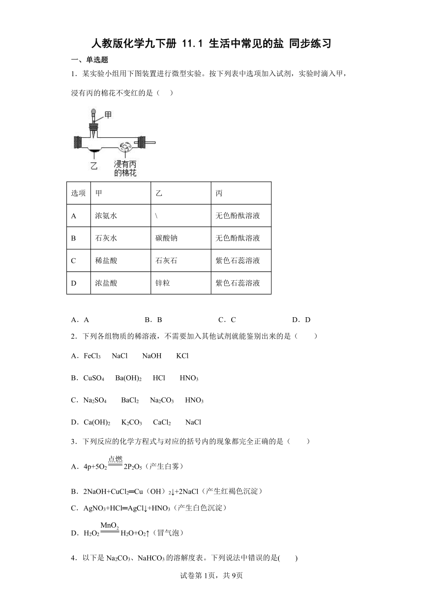 11.1生活中常见的盐同步练习-2021-2022学年九年级化学人教版下册（word版有答案）