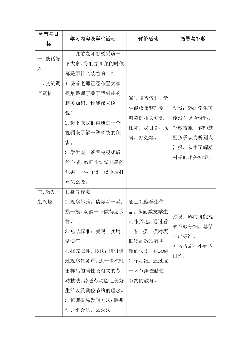 《制作环保手提袋》（教案） 综合实践五年级上册-通用版（表格式）