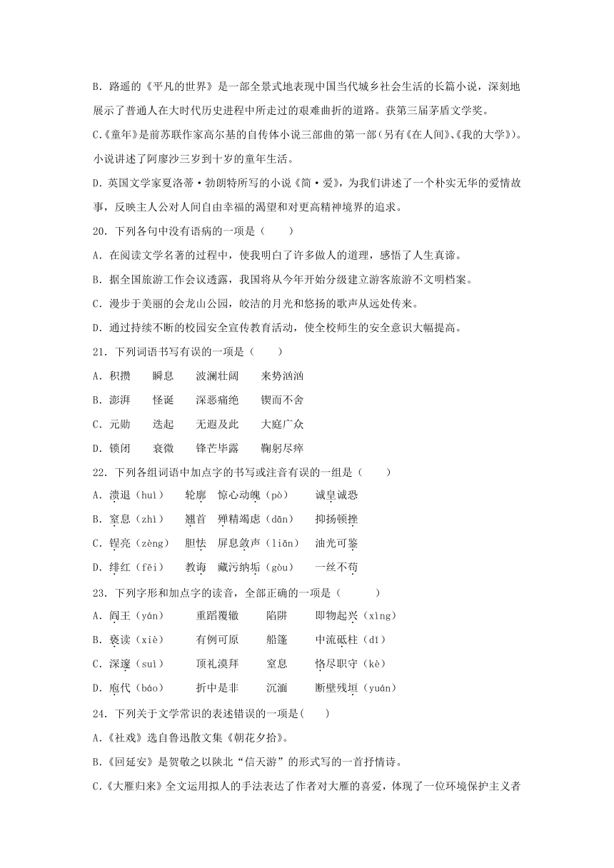 中考语文基础知识《选择题》专项练习题(含答案)