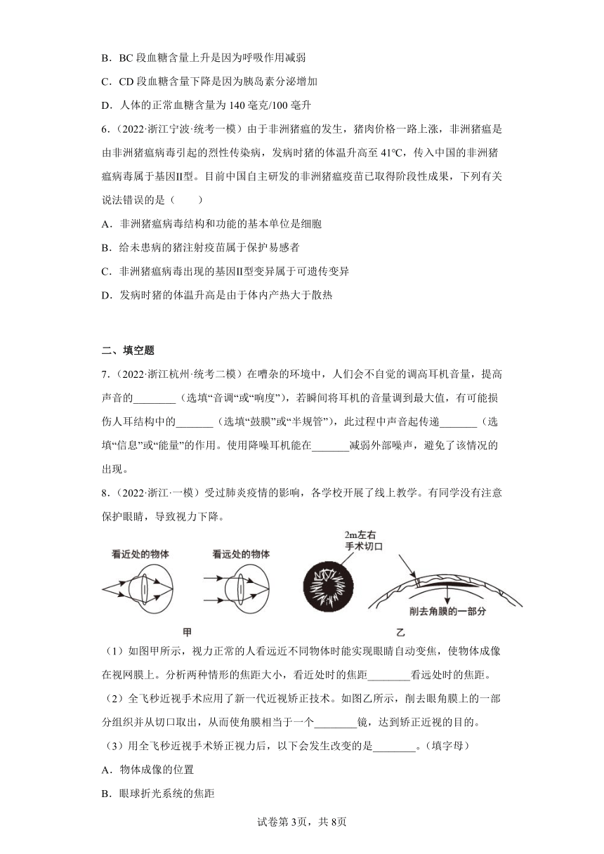 浙江省2022年中考科学模拟题汇编-16人体的技术调节、体温控制、人体的感觉器官（含解析）