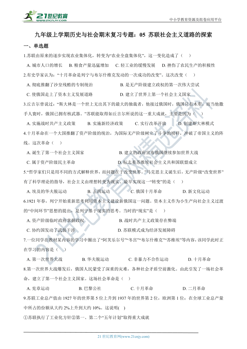 九年级上学期历史与社会期末复习专题：05 苏联社会主义道路的探索 专项练习