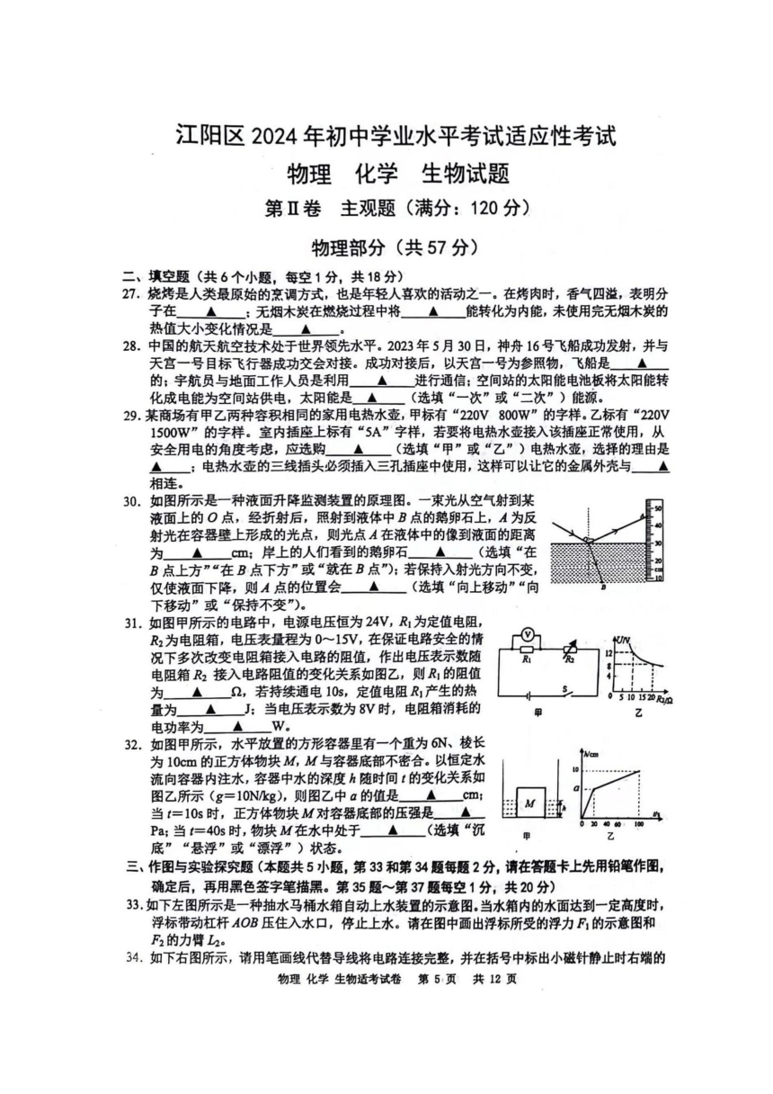 2024年四川省泸州市江阳区适应性考试九年级理科综合试题（PDF版含答案）