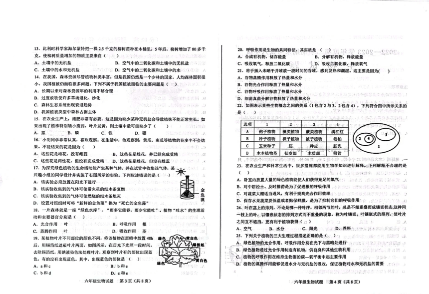 山东省济南市莱芜区（五四制）2022-2023学年六年级下学期期末考试生物试题（PDF版含答案）