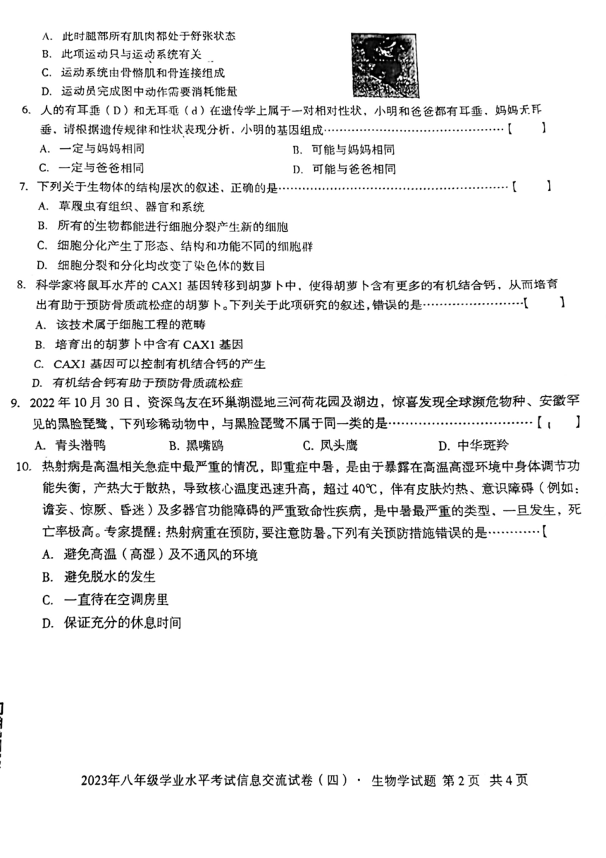 2023年安徽省中考八年级学业水平考试信息交流卷（四）生物试卷（扫描版 含答案）