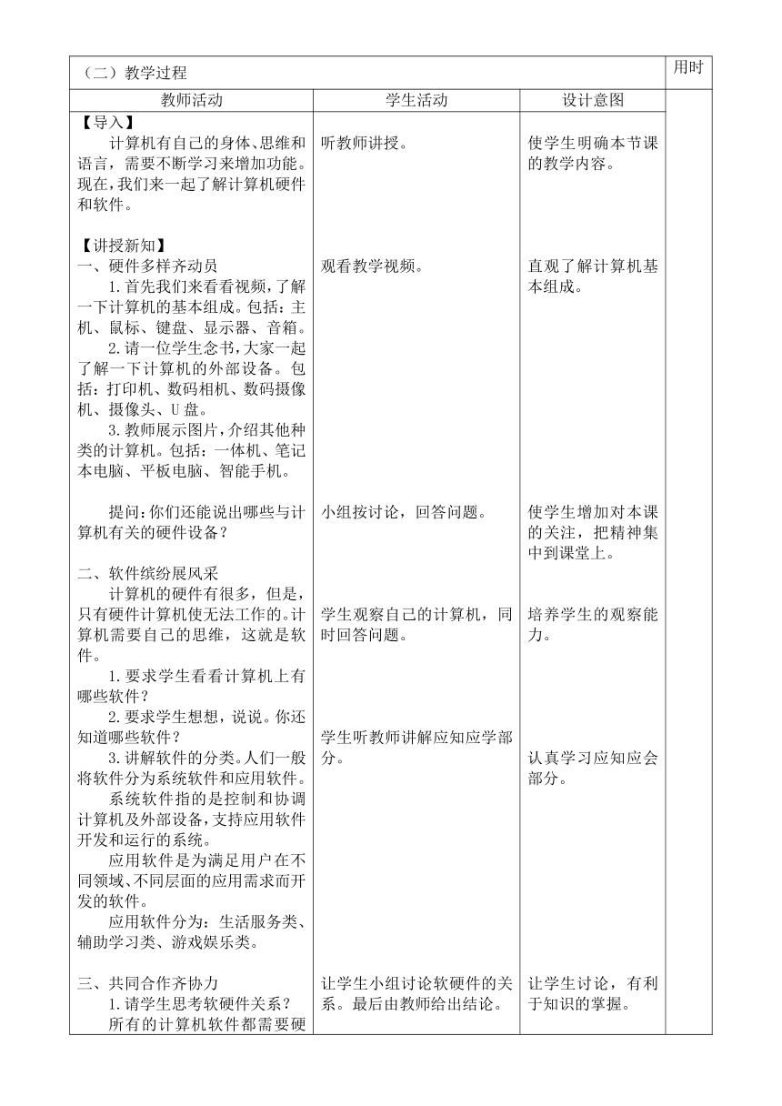 中图版五年级全册信息技术 1.1.1硬件软件齐协力 教案