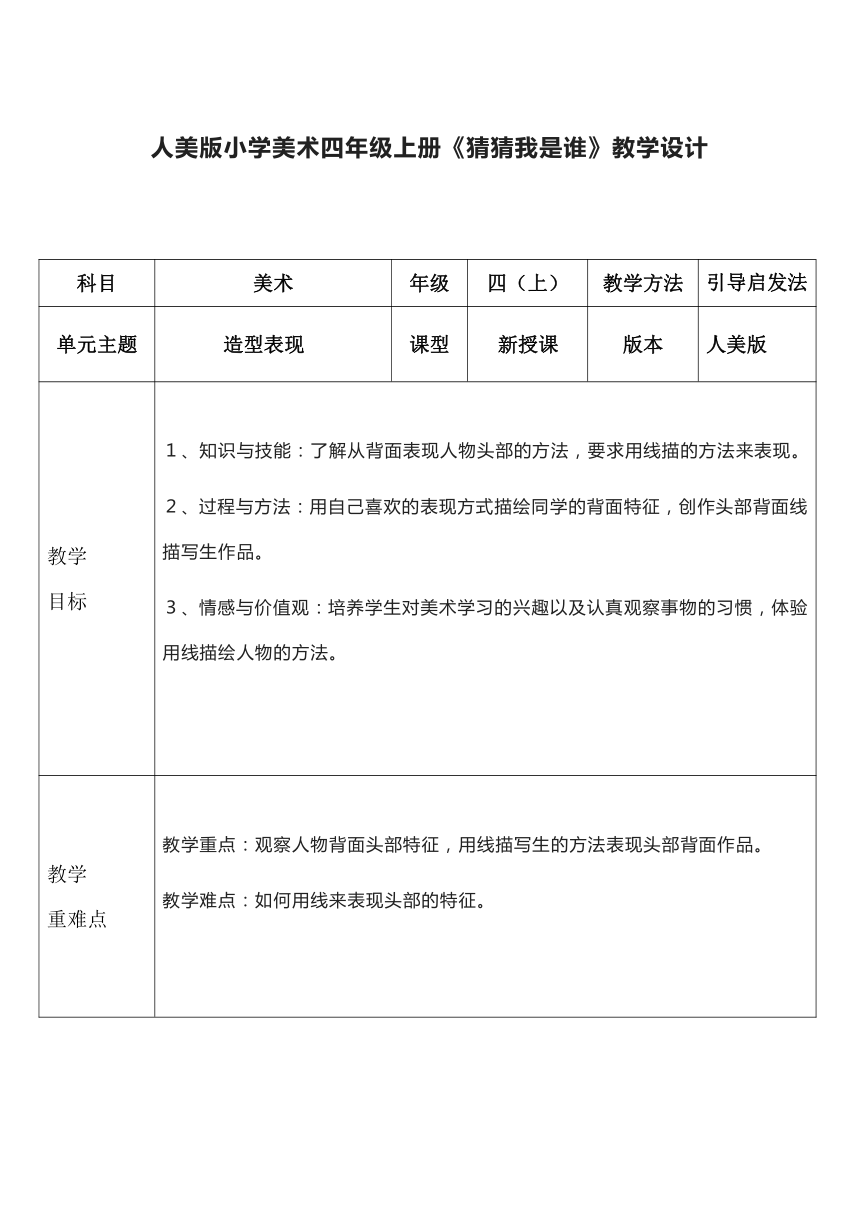 人美版（常锐伦、欧京海主编） 美术 四年级上册 第9课 猜猜我是谁 教案（表格式）