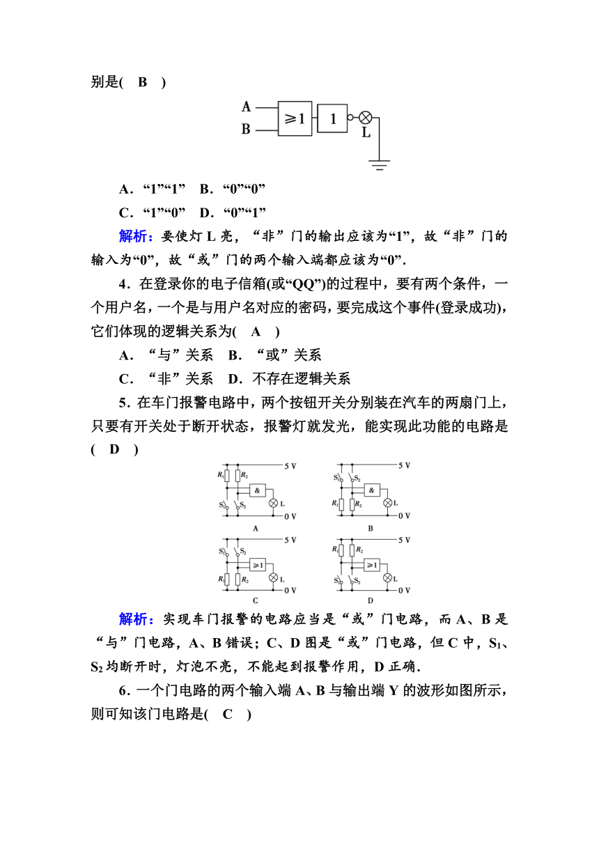 高二物理人教版选修3-1自我检测　2.11简单的逻辑电路   Word版含解析