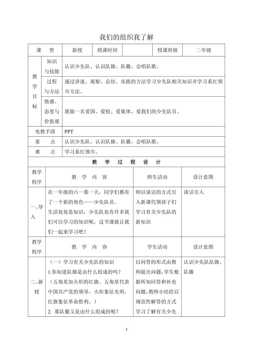 第二单元 主题活动一 我们的组织我了解 教案（表格式）