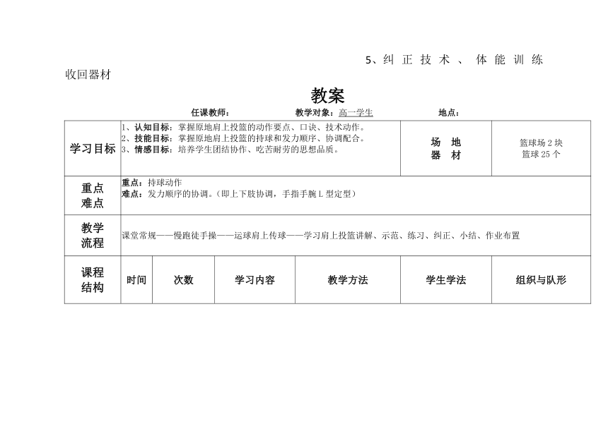 2021-2022学年高中体育与健康人教版全一册 《篮球：原地单手肩上投篮》教学设计