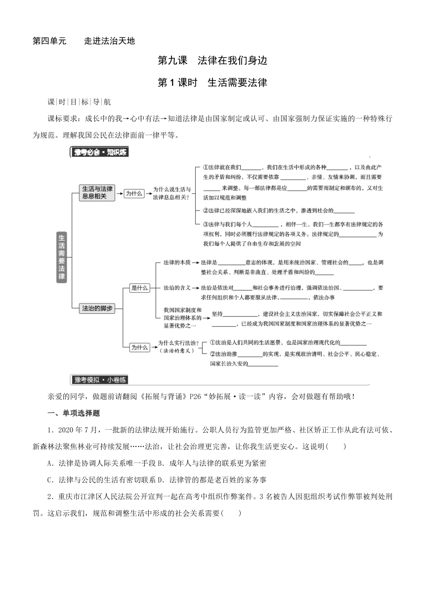 9.1 生活需要法律同步学案（含答案）