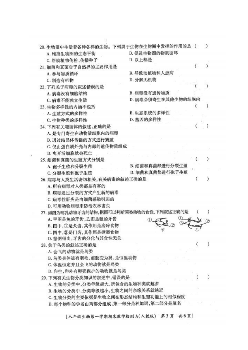 陕西省榆林市清涧县2019-2020学年第一学期八年级生物期末考试试题（扫描版，无答案）