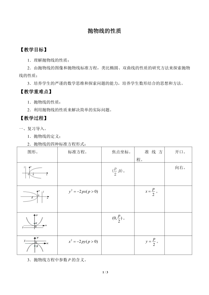 沪教版（上海）数学高二下册-12.8抛物线的性质（教案）