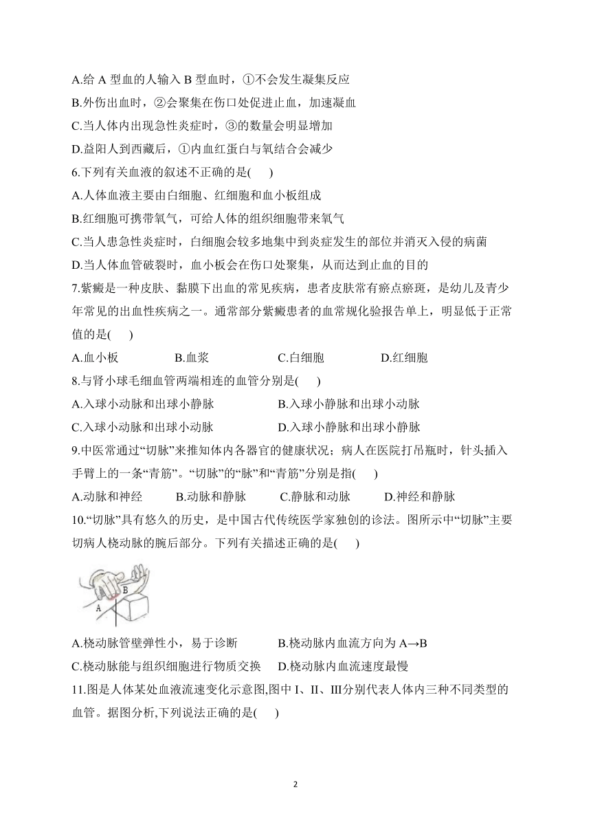 2023届人教版中考生物高频考点专项练习：专题十 考点23 血液与血管（A卷）（含解析）