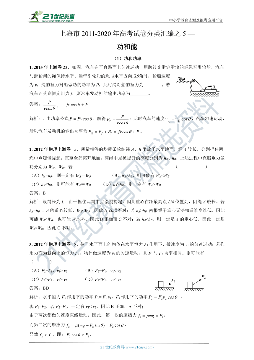 上海市2011-2020年高考物理试卷专项分类汇编之5 —功和能（含答案及解析）