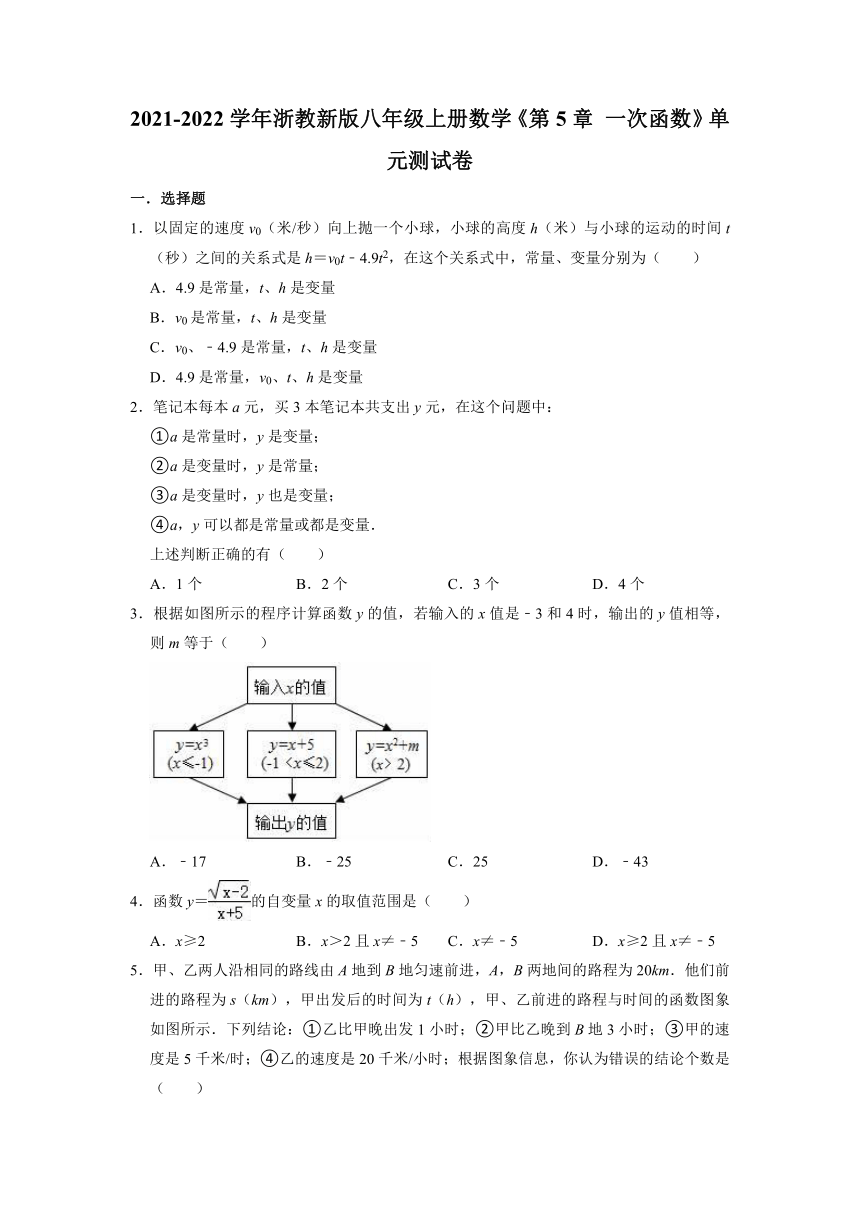 第5章 一次函数 单元测试卷 2021-2022学年浙教版八年级上册数学（Word版含答案）