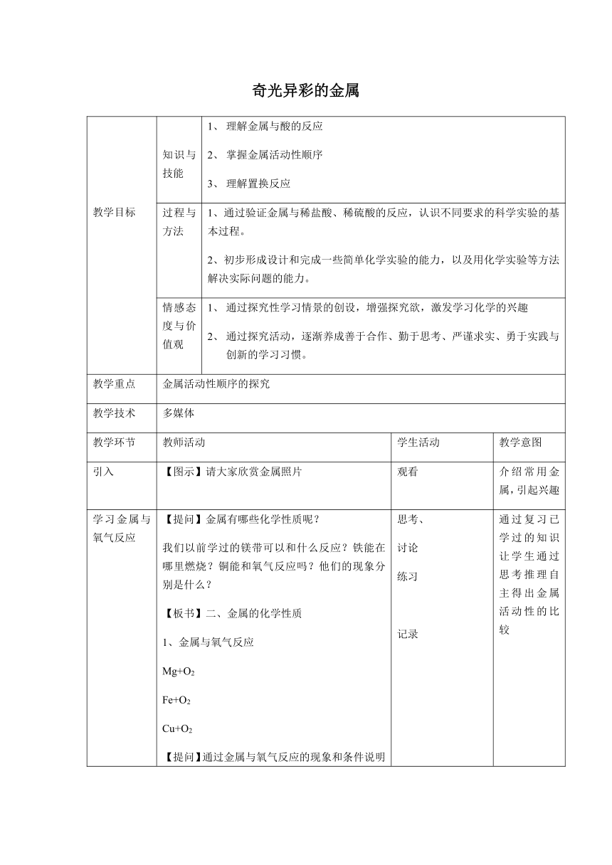 沪教版（上海）初中化学九年级下册 6.1  奇光异彩的金属  教案(表格式)