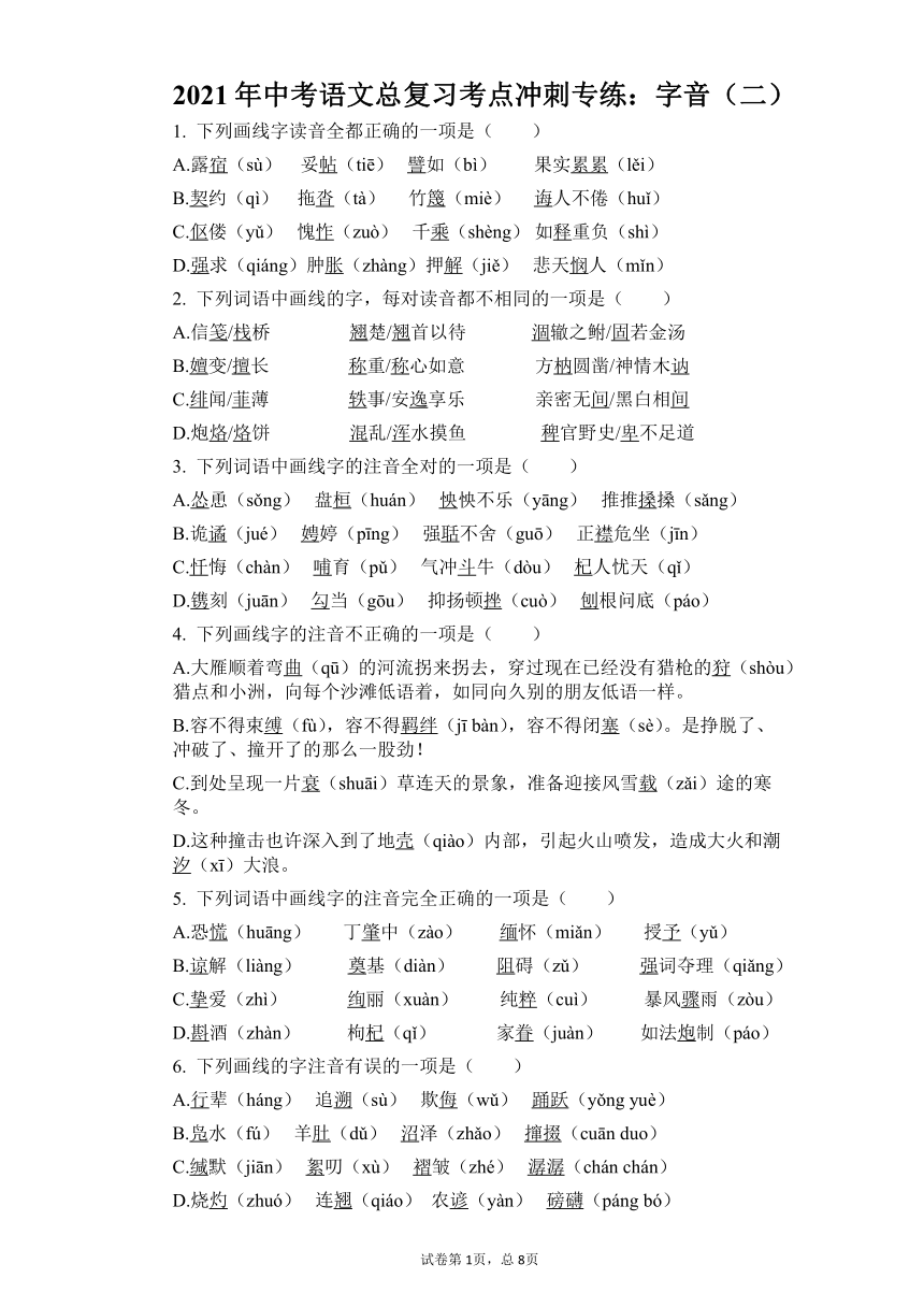 2021年中考语文总复习考点冲刺专练：字音（二）（有答案）