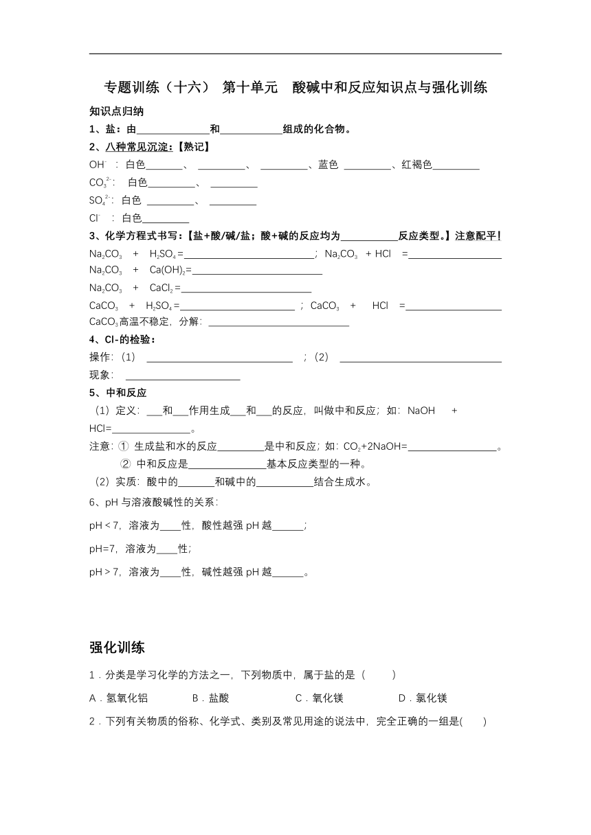 2021年中考化学专题训练（十六）第十单元 酸碱中和反应知识点与强化训练