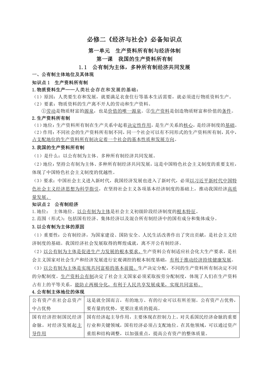 经济与社会知识点整理-2024届高考政治一轮复习统编版必修二