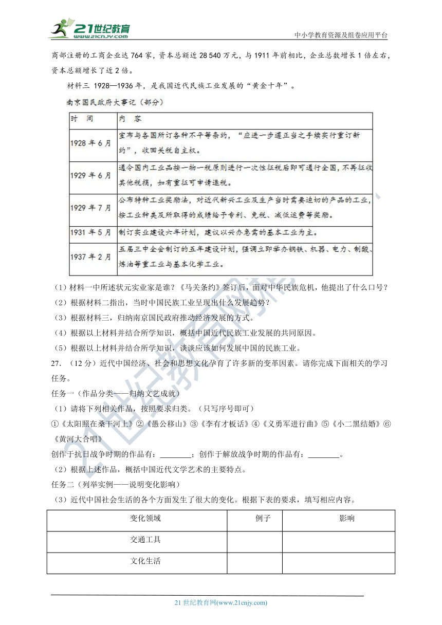 第八单元 近代经济、社会生活与教育文化事业的发展 能力提升卷（含答案及解析）