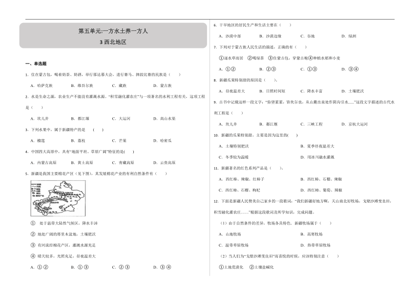 5.3西北地区 同步练习（含解析）