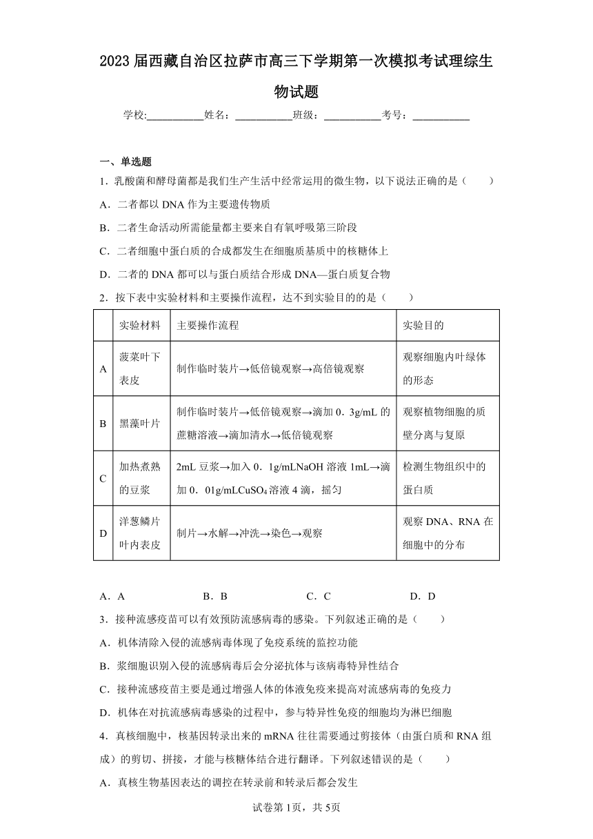 2023届西藏自治区拉萨市高三下学期第一次模拟考试理综生物试题（word版含答案）