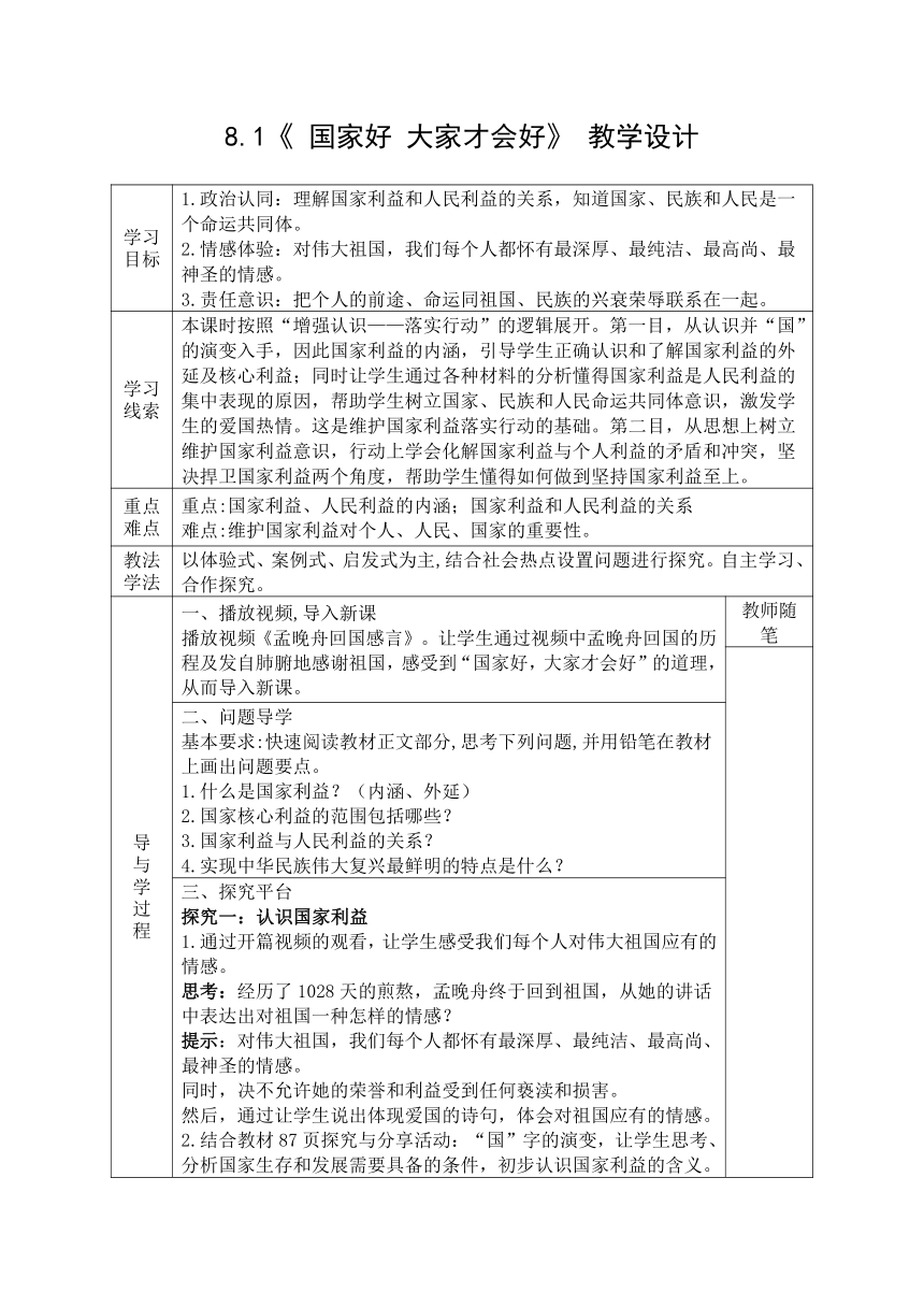 8.1《 国家好 大家才会好》 教学设计（表格式）