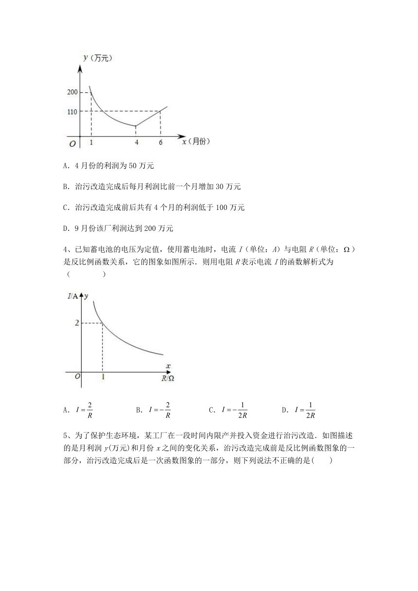 2022-2023学年人教版九年级数学下册 26.2实际问题与反比例函数同步练习（无答案）