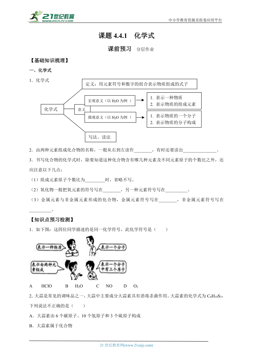 人教版九年级化学上册第四单元课题4.化合价与化学式——1化学式分层作业课前预习（含答案解析版）